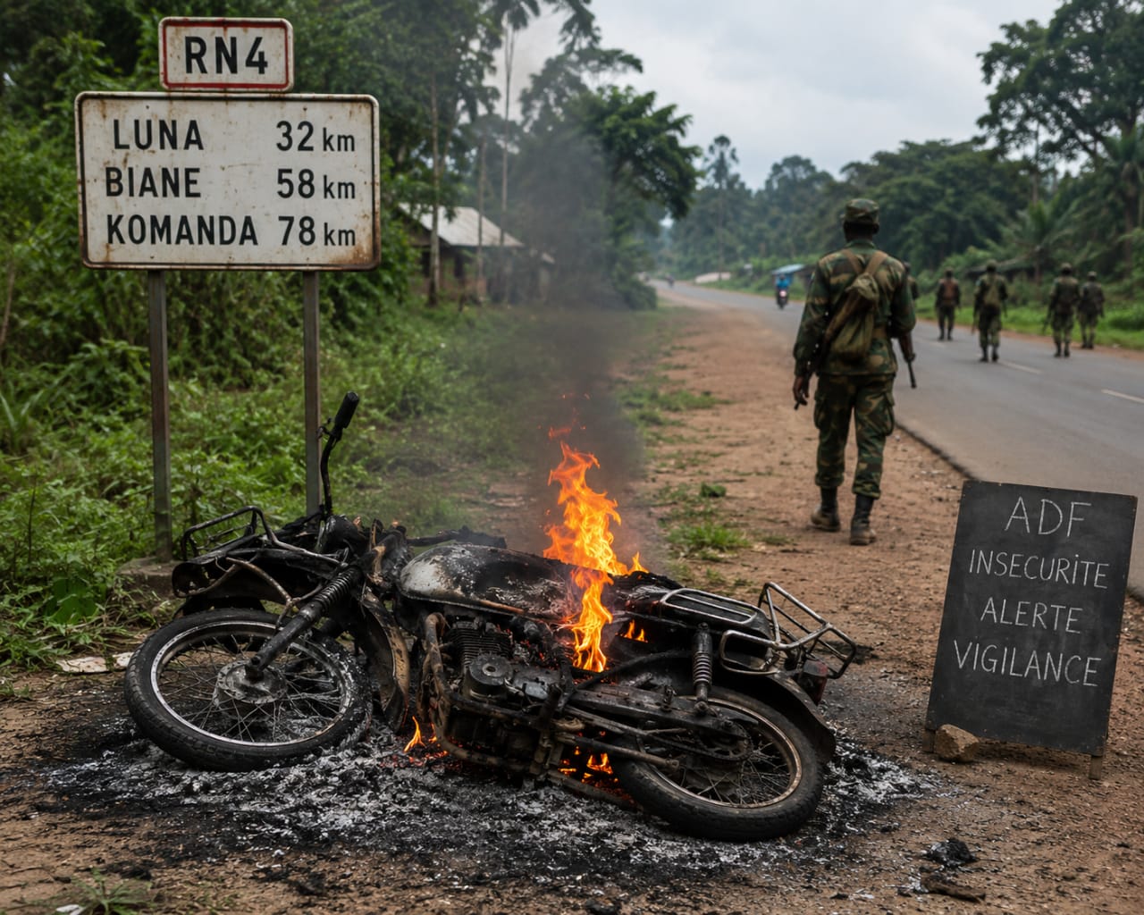 Irumu : une nouvelle attaque attribuée aux ADF sur la RN4, une moto incendiée et un taximan porté disparu à Biane