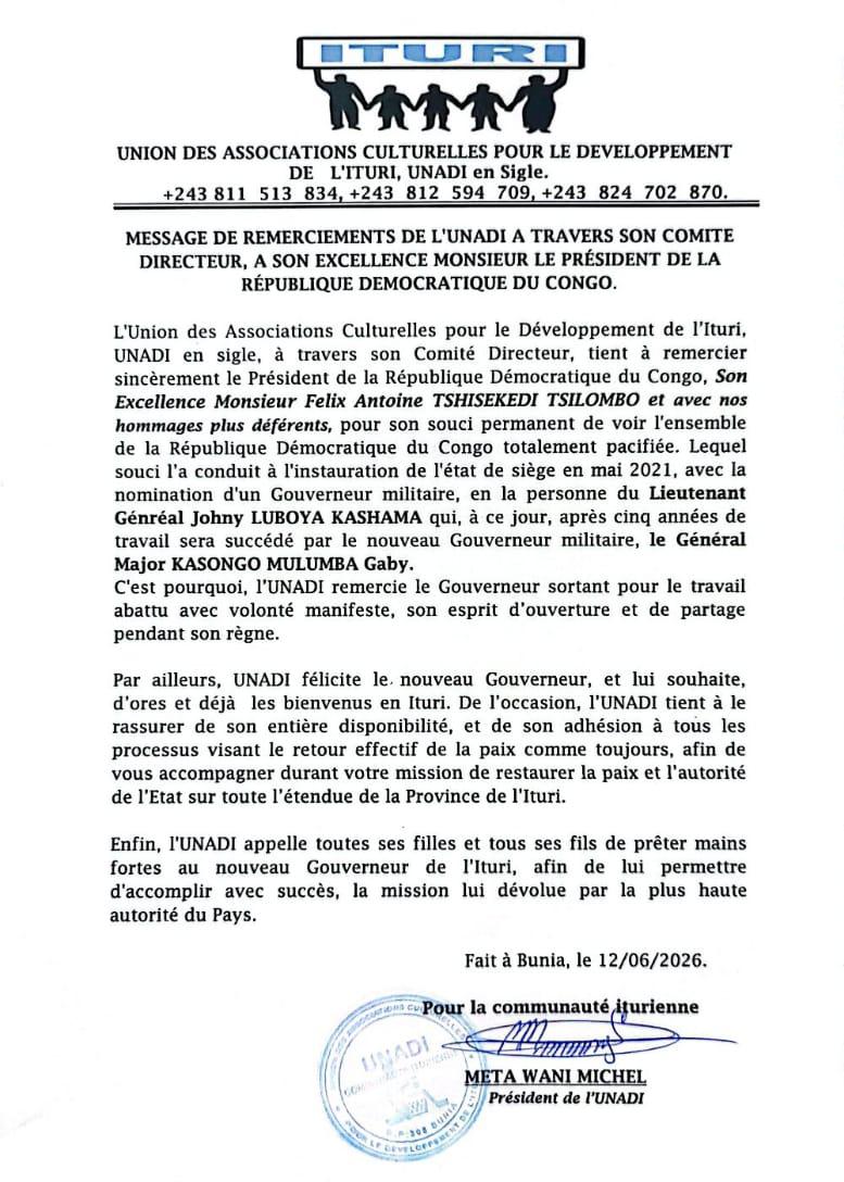 Ituri : l’UNADI remercie le Président Tshisekedi, rend hommage à Johnny Luboya et appelle à l’unité autour du nouveau gouverneur militaire